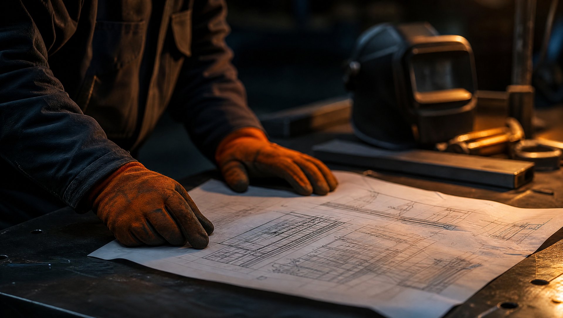 Fabricator reviewing blueprint at Zam Zam workshop